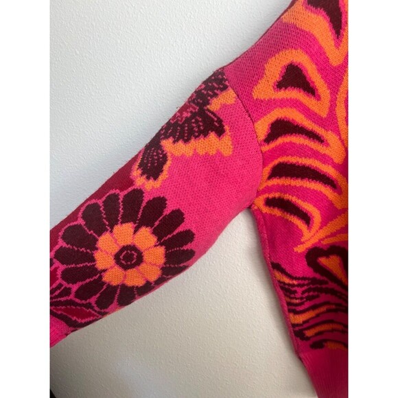 FARM RIO Cutout Asymmetrical Knit Bold Pink Floral Turtleneck Wool Blend Sweater - Picture 10 of 14